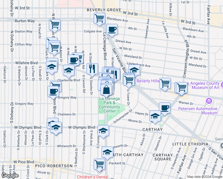 map of restaurants, bars, coffee shops, grocery stores, and more near 219 South Hamilton Drive in Beverly Hills