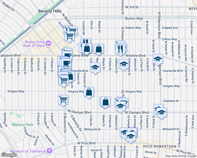 map of restaurants, bars, coffee shops, grocery stores, and more near 242 South Rexford Drive in Beverly Hills