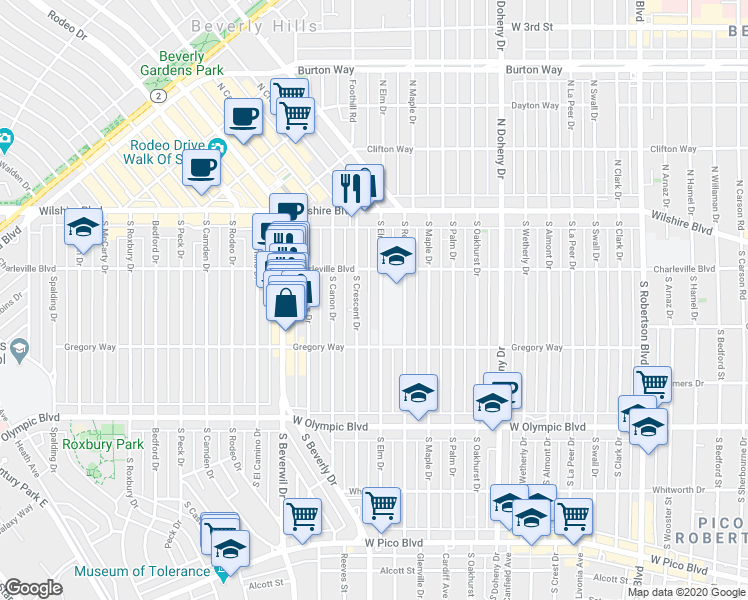 map of restaurants, bars, coffee shops, grocery stores, and more near 243 South Elm Drive in Beverly Hills