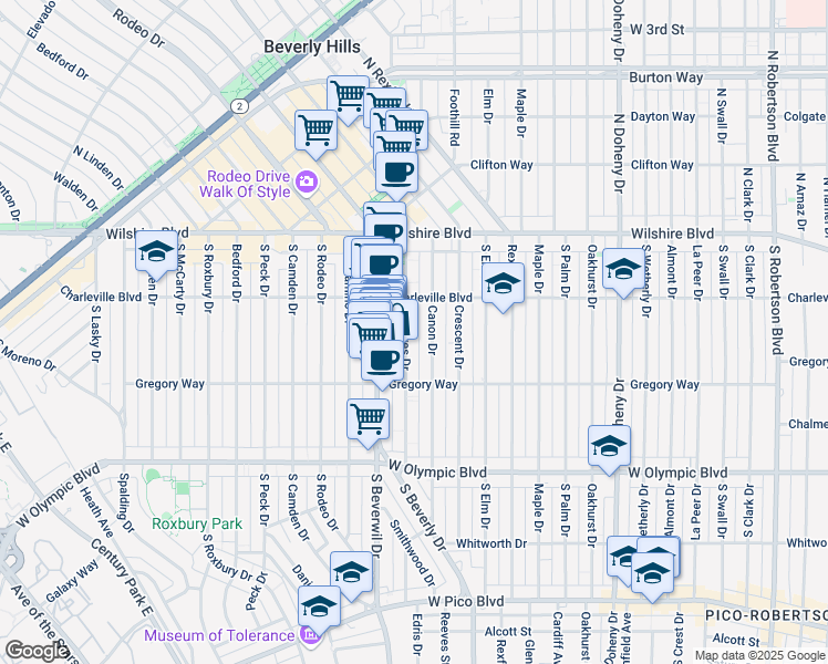 map of restaurants, bars, coffee shops, grocery stores, and more near 244 South Reeves Drive in Beverly Hills