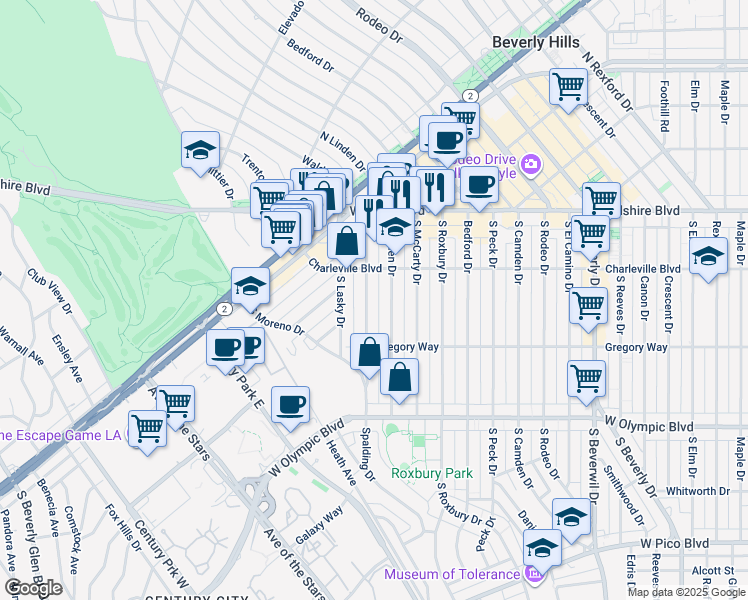 map of restaurants, bars, coffee shops, grocery stores, and more near 236 South Spalding Drive in Beverly Hills