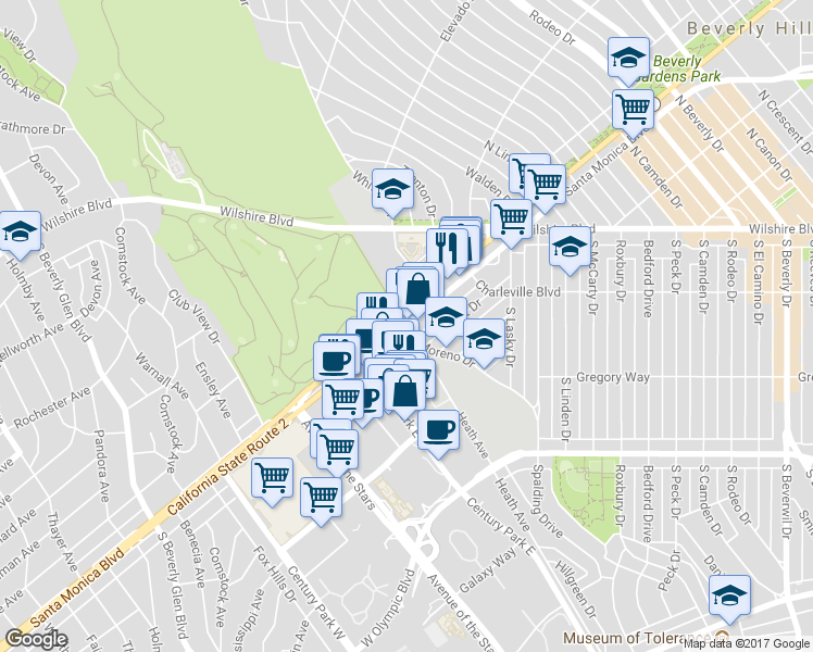 map of restaurants, bars, coffee shops, grocery stores, and more near 10000 Santa Monica Boulevard in Los Angeles