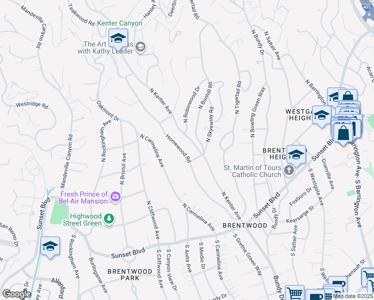 map of restaurants, bars, coffee shops, grocery stores, and more near 311 Homewood Road in Los Angeles