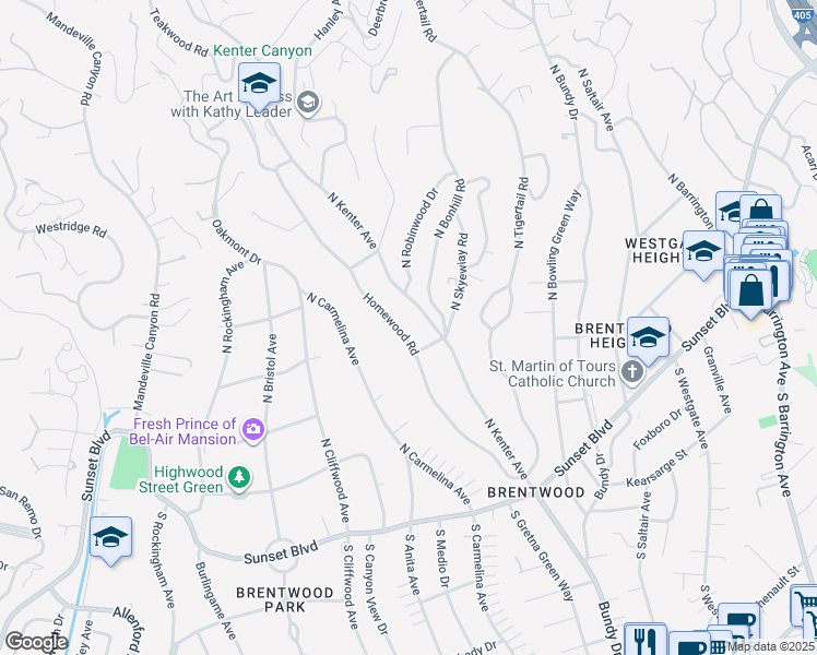 map of restaurants, bars, coffee shops, grocery stores, and more near 311 Homewood Road in Los Angeles