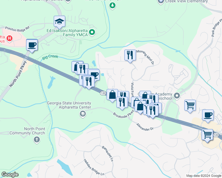 map of restaurants, bars, coffee shops, grocery stores, and more near 5010 Avalon Drive in Alpharetta