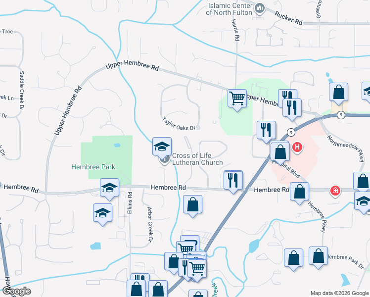 map of restaurants, bars, coffee shops, grocery stores, and more near 315 Streamside Drive in Roswell