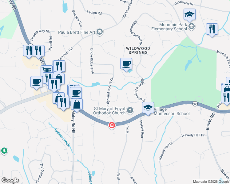 map of restaurants, bars, coffee shops, grocery stores, and more near 11675 Highland Colony Drive in Roswell