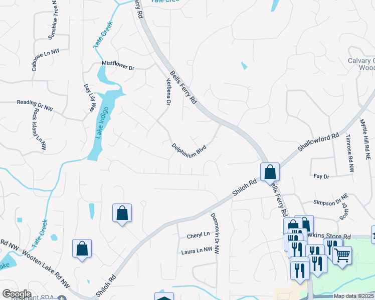 map of restaurants, bars, coffee shops, grocery stores, and more near 579 Delphinium Boulevard in Acworth