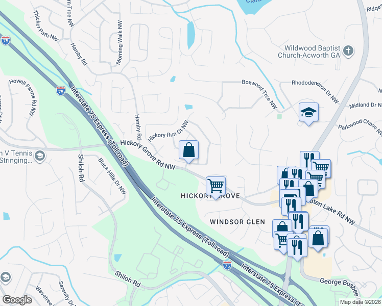 map of restaurants, bars, coffee shops, grocery stores, and more near 4510 Hickory Forest Drive Northwest in Acworth