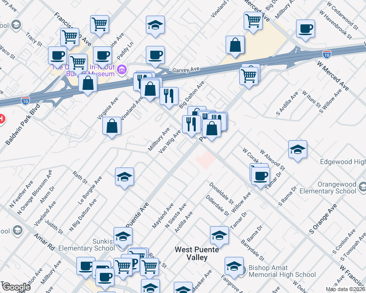 map of restaurants, bars, coffee shops, grocery stores, and more near 1511 Puente Avenue in Baldwin Park