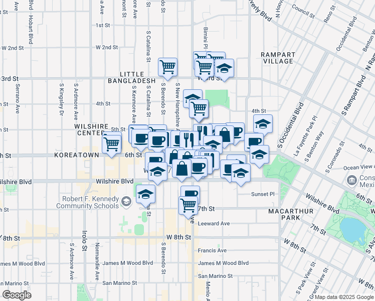 map of restaurants, bars, coffee shops, grocery stores, and more near 3223 West 6th Street in Los Angeles