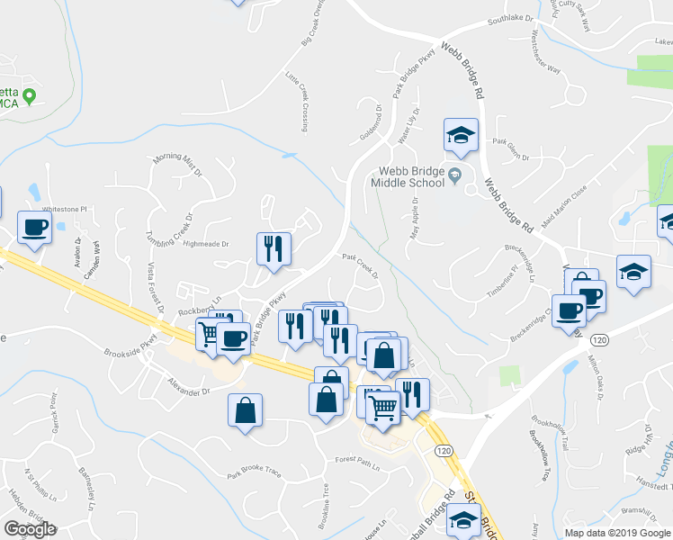 map of restaurants, bars, coffee shops, grocery stores, and more near 460 Park Creek Drive in Alpharetta