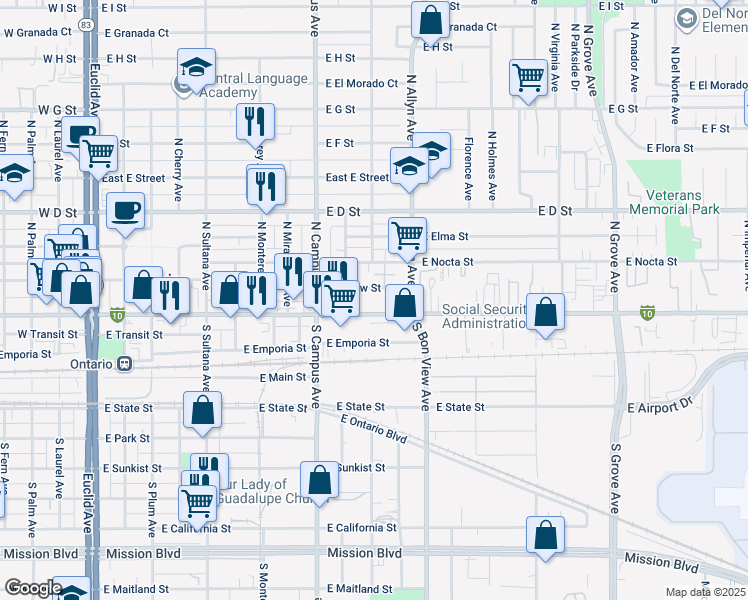 map of restaurants, bars, coffee shops, grocery stores, and more near 759 East Holt Boulevard in Ontario