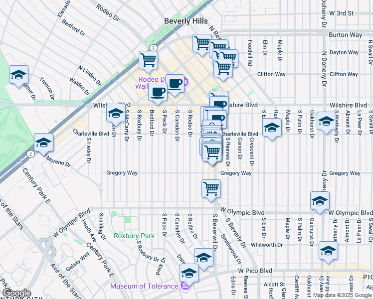map of restaurants, bars, coffee shops, grocery stores, and more near 225 South Rodeo Drive in Beverly Hills