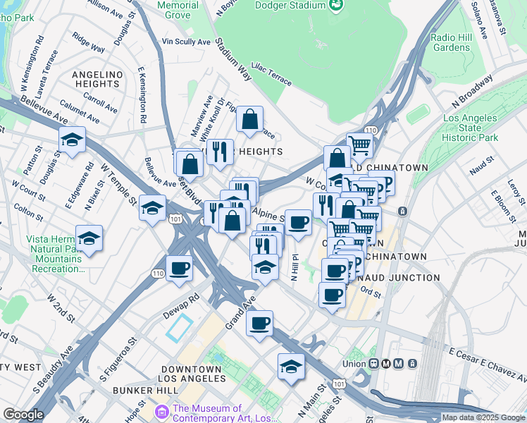 map of restaurants, bars, coffee shops, grocery stores, and more near 820 Alpine Street in Los Angeles