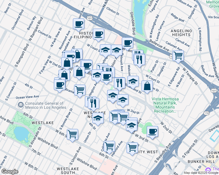 map of restaurants, bars, coffee shops, grocery stores, and more near 119 Union Place in Los Angeles