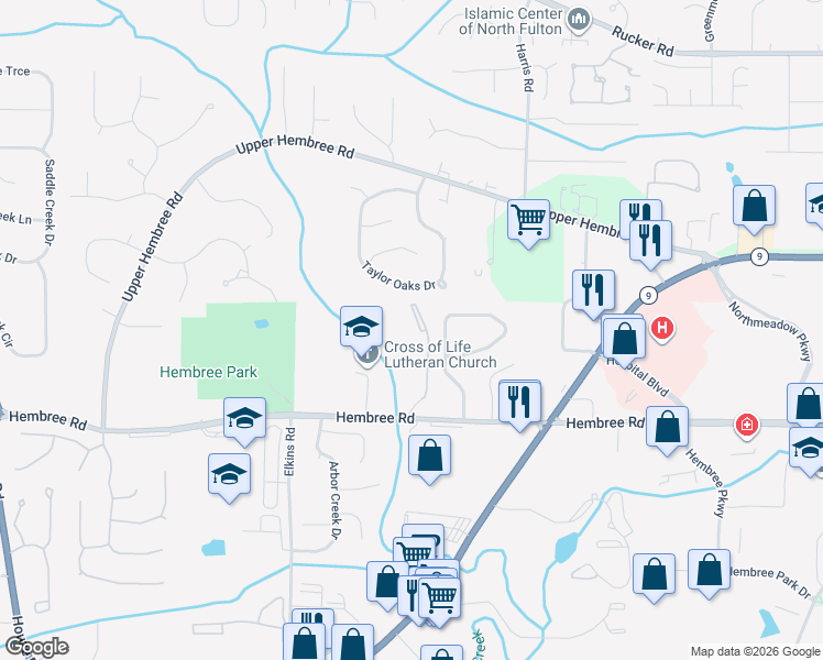 map of restaurants, bars, coffee shops, grocery stores, and more near 315 Streamside Drive in Roswell