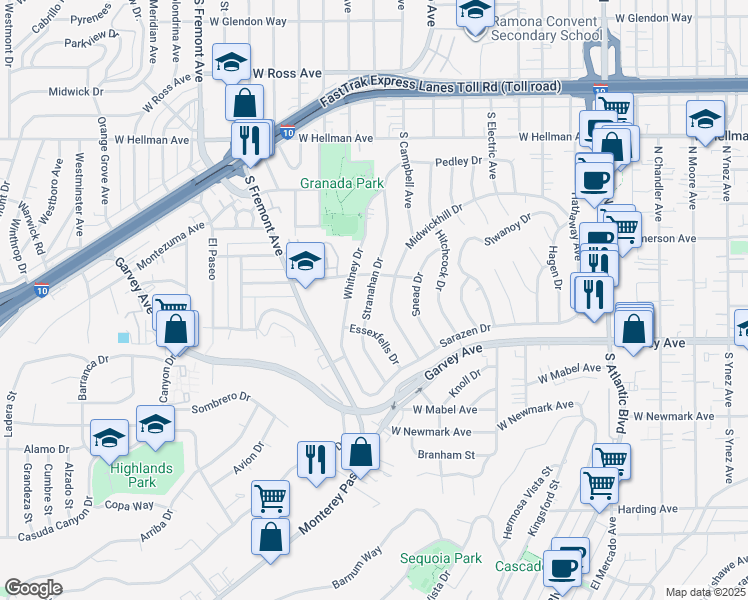 map of restaurants, bars, coffee shops, grocery stores, and more near 2520 Stranahan Drive in Alhambra
