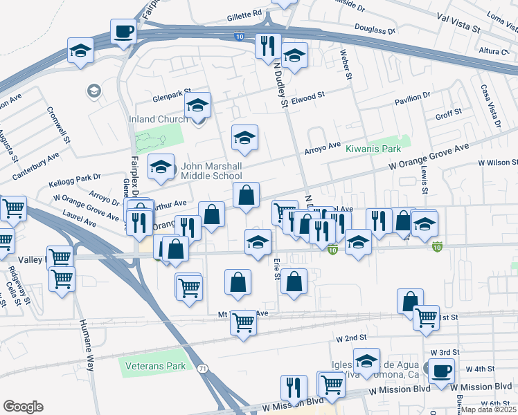 map of restaurants, bars, coffee shops, grocery stores, and more near 1628 West Orange Grove Avenue in Pomona