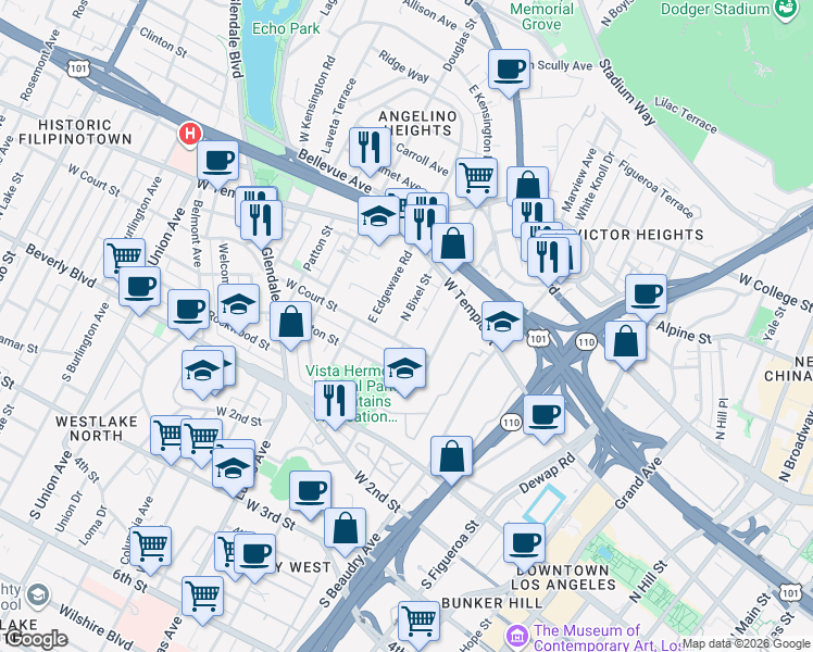 map of restaurants, bars, coffee shops, grocery stores, and more near 1246 West Court Street in Los Angeles