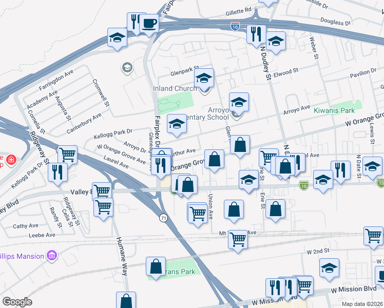 map of restaurants, bars, coffee shops, grocery stores, and more near 1958 Arthur Avenue in Pomona