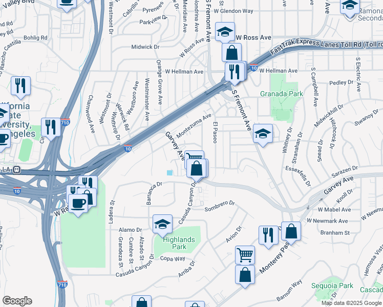map of restaurants, bars, coffee shops, grocery stores, and more near 1825 Garvey Avenue in Alhambra