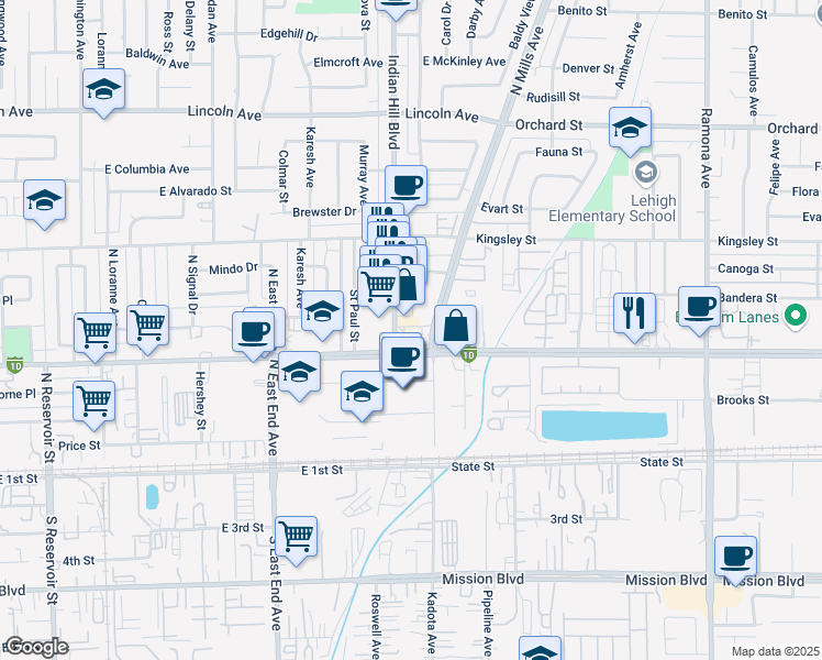 map of restaurants, bars, coffee shops, grocery stores, and more near 1681 East Holt Avenue in Pomona