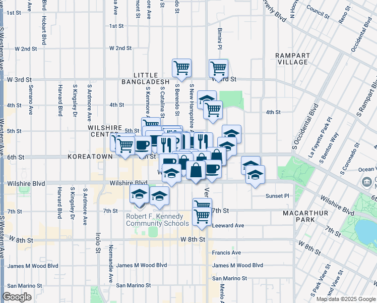 map of restaurants, bars, coffee shops, grocery stores, and more near 602 South New Hampshire Avenue in Los Angeles