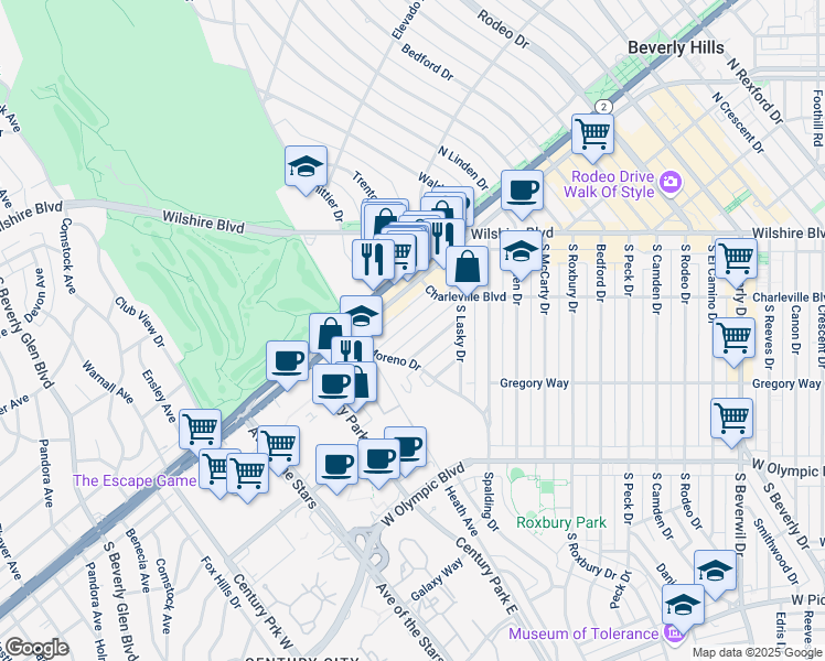 map of restaurants, bars, coffee shops, grocery stores, and more near 9936 Durant Drive in Beverly Hills