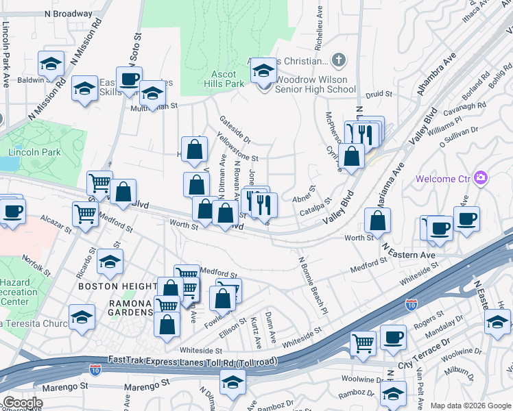 map of restaurants, bars, coffee shops, grocery stores, and more near 1840 Jones Avenue in Los Angeles