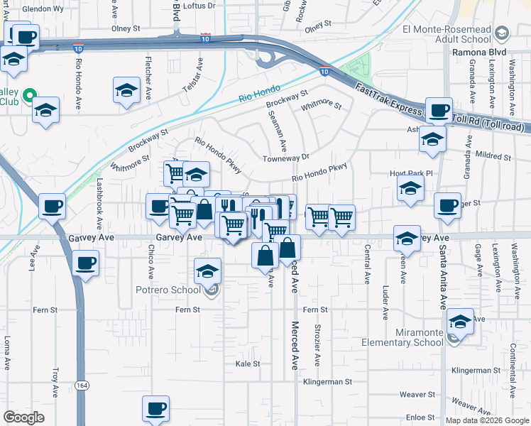 map of restaurants, bars, coffee shops, grocery stores, and more near 3041 Seaman Avenue in El Monte