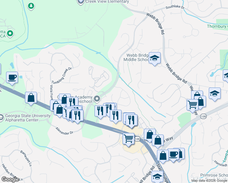map of restaurants, bars, coffee shops, grocery stores, and more near 445 Park Creek Drive in Alpharetta