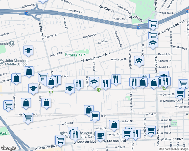map of restaurants, bars, coffee shops, grocery stores, and more near Laurel Avenue & Lewis Street in Pomona