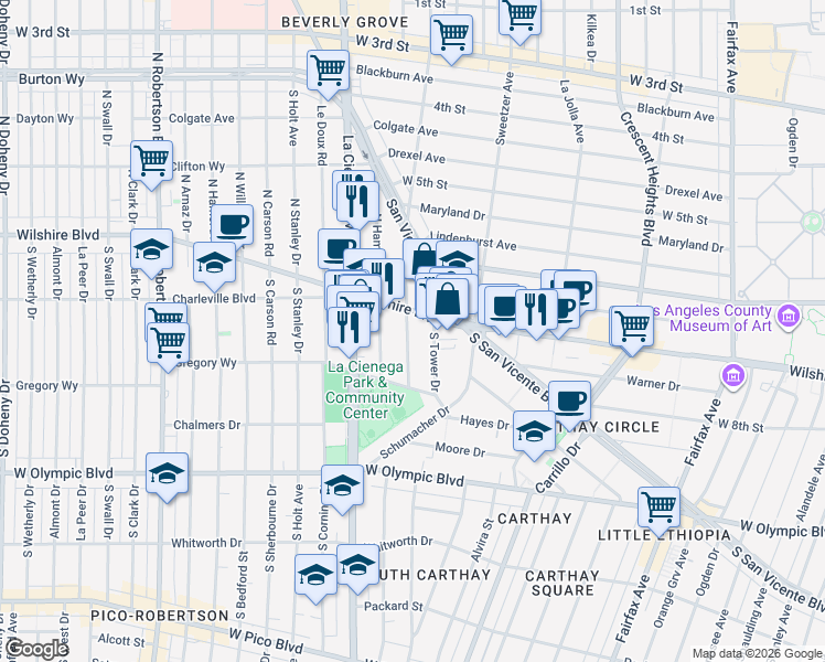 map of restaurants, bars, coffee shops, grocery stores, and more near 218 South Gale Drive in Beverly Hills