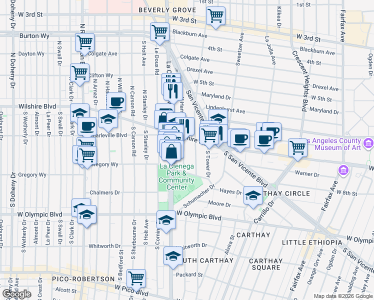 map of restaurants, bars, coffee shops, grocery stores, and more near 210 South Hamilton Drive in Beverly Hills