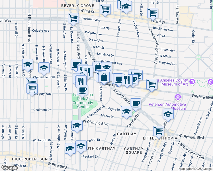 map of restaurants, bars, coffee shops, grocery stores, and more near in Los Angeles