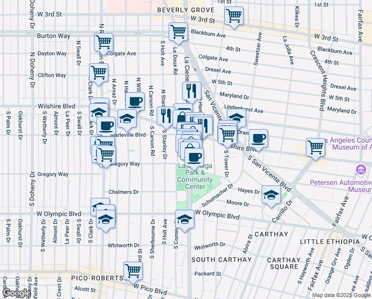 map of restaurants, bars, coffee shops, grocery stores, and more near 220 Le Doux Road in Beverly Hills