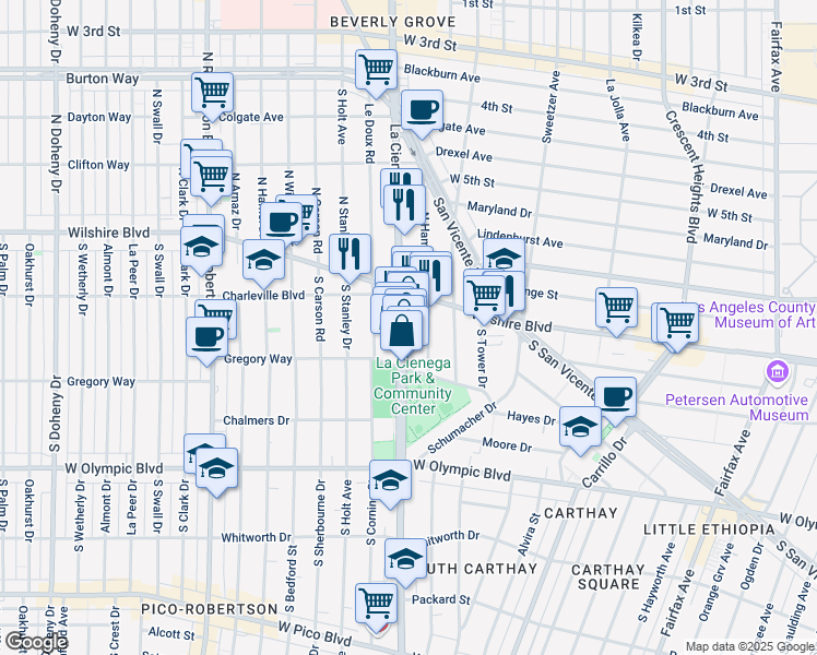 map of restaurants, bars, coffee shops, grocery stores, and more near 219 South Hamilton Drive in Beverly Hills