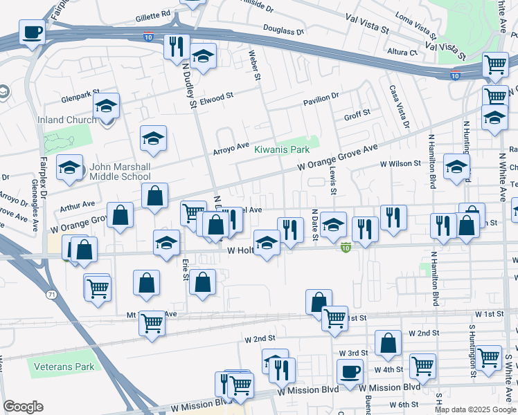 map of restaurants, bars, coffee shops, grocery stores, and more near 1443 Laurel Avenue in Pomona