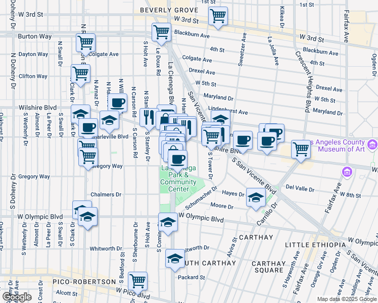 map of restaurants, bars, coffee shops, grocery stores, and more near 210 South Hamilton Drive in Beverly Hills