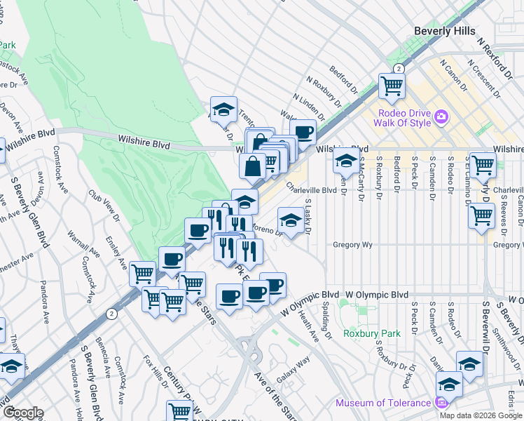 map of restaurants, bars, coffee shops, grocery stores, and more near 9955 Durant Drive in Beverly Hills