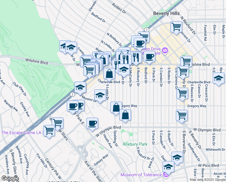 map of restaurants, bars, coffee shops, grocery stores, and more near 211 South Spalding Drive in Beverly Hills