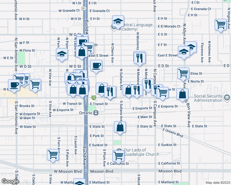 map of restaurants, bars, coffee shops, grocery stores, and more near 101 North Sparrow Privado in Ontario