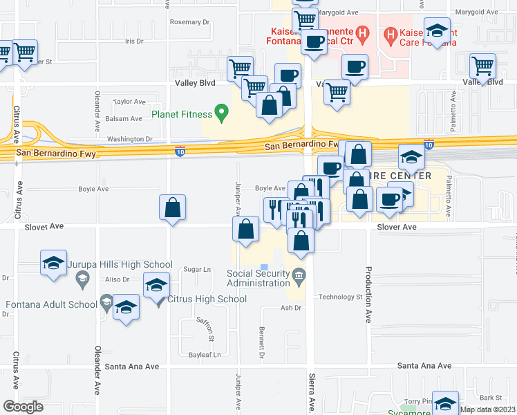 map of restaurants, bars, coffee shops, grocery stores, and more near 16860 Slover Avenue in Fontana