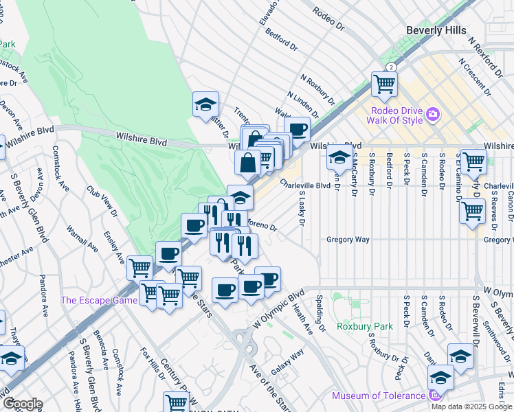 map of restaurants, bars, coffee shops, grocery stores, and more near 9955 Durant Drive in Beverly Hills