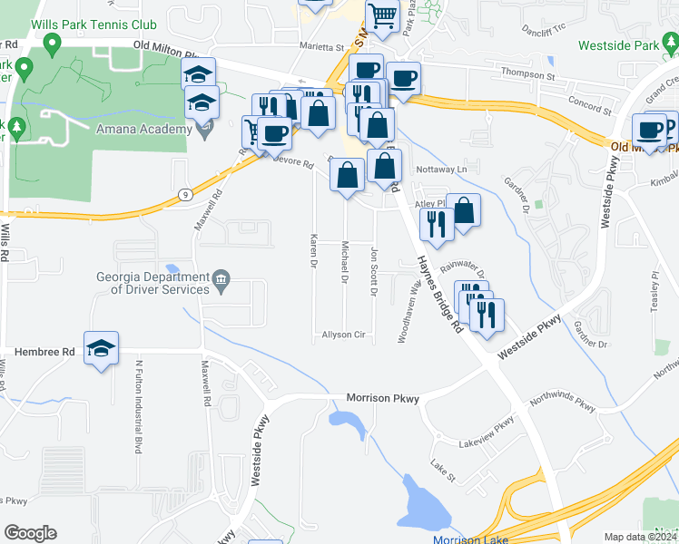 map of restaurants, bars, coffee shops, grocery stores, and more near 427 Michael Drive in Alpharetta