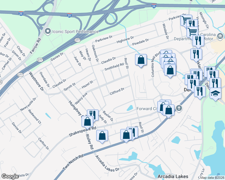 map of restaurants, bars, coffee shops, grocery stores, and more near 7208 Clifford Drive in Columbia