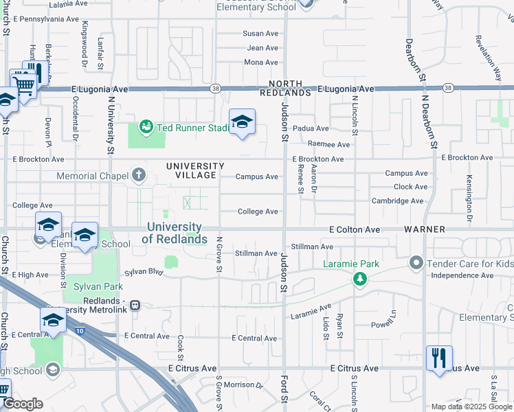 map of restaurants, bars, coffee shops, grocery stores, and more near in Redlands