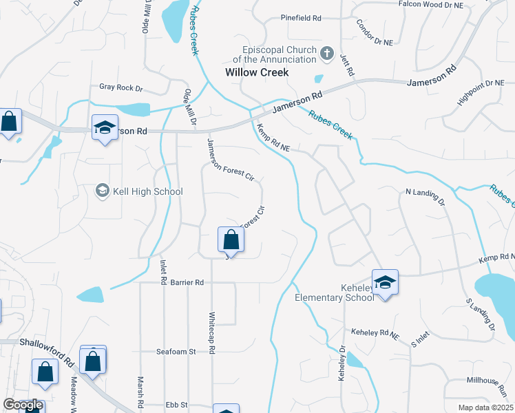 map of restaurants, bars, coffee shops, grocery stores, and more near 4765 Jamerson Forest Circle in Marietta
