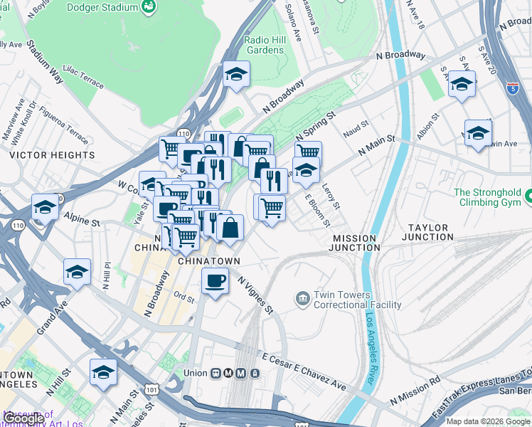 map of restaurants, bars, coffee shops, grocery stores, and more near 1101 North Main Street in Los Angeles
